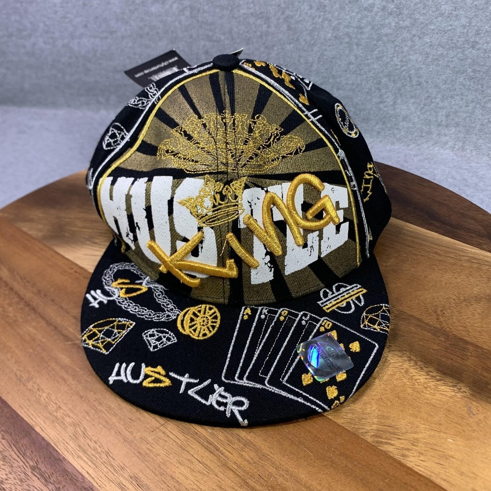 City Hunter Hat Cap Fitted 2XL Black Gold‎ King Hustler Graphic Embroidered Mens